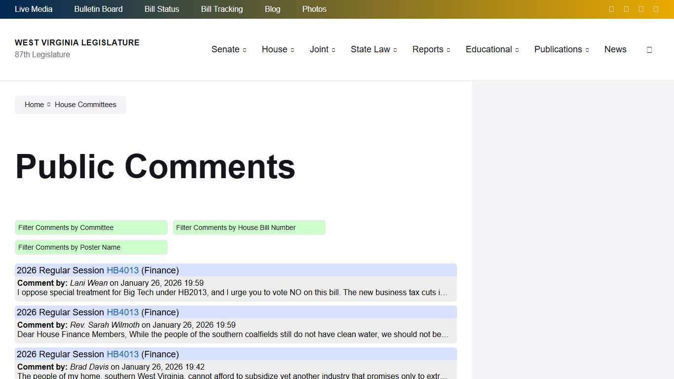 Public Comments – West Virginia Legislature